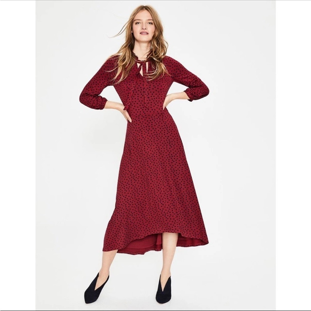 Boden Rosa Jersey Midi Dress Women's 14R Red Polka Dot Tie Neck Flowy Preppy
